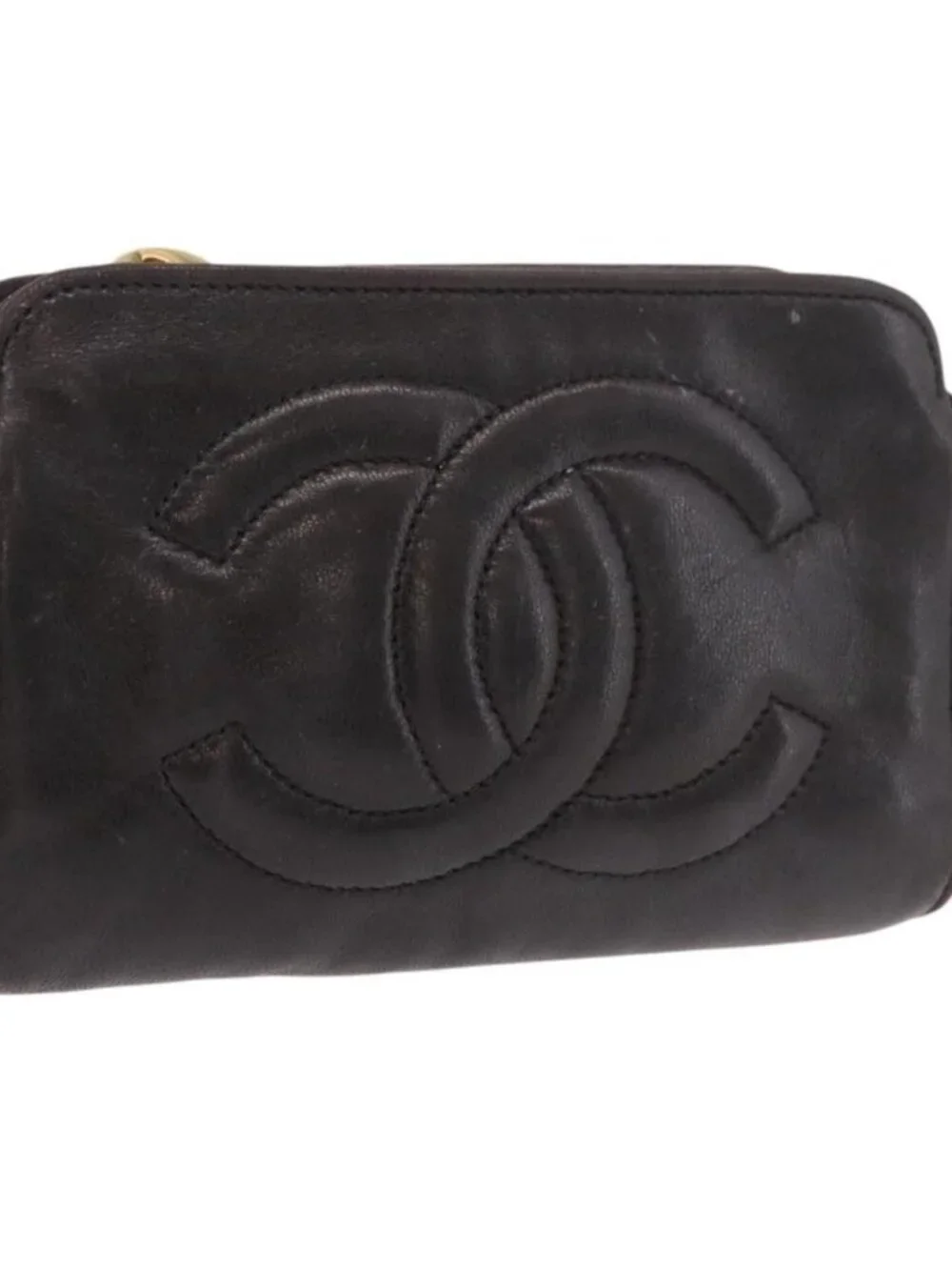 CHANEL COCO Mark Pouch Leather Black Gold CC Auth 189572